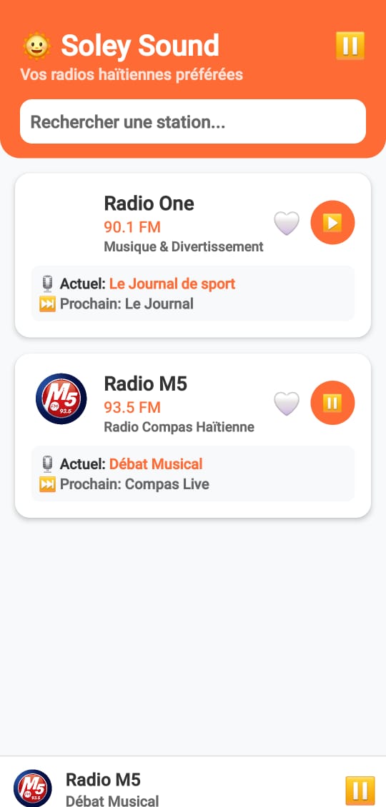 Application mobile Soley Sound lecture radio en cours